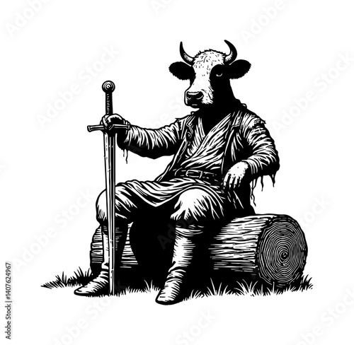 Wandering swordsman sits thoughtfully on a log. Contemplative warrior in nature
