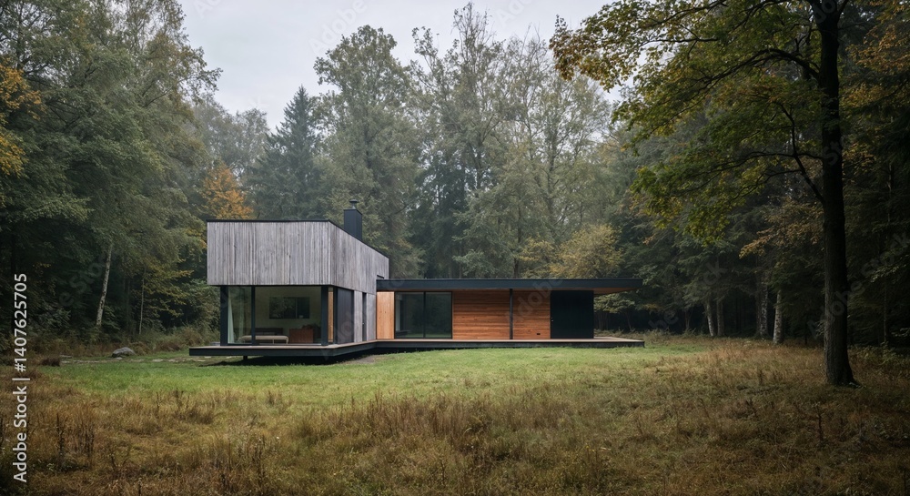 Modern minimalist house surrounded by dense forest. Architecture blending contemporary design with nature. Ideal for concepts of sustainable living and off-grid lifestyle. Modern minimalist house surrounded by dense forest. Architecture blending contemporary design with nature. Ideal for concepts of sustainable living and off-grid lifestyle.