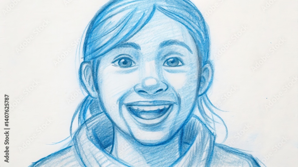 Obraz premium Smiling girl illustration in blue tones with joyful expression 