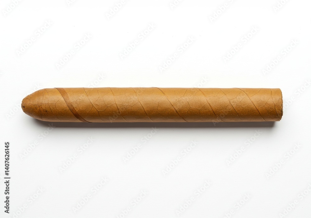 A single brown cigar lying horizontally on a plain white surface in a studio setting for product photography A single brown cigar lying horizontally on a plain white surface in a studio setting for product photography