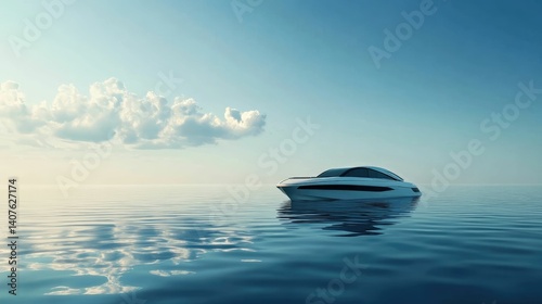 Serene white motorboat floats calm blue sea