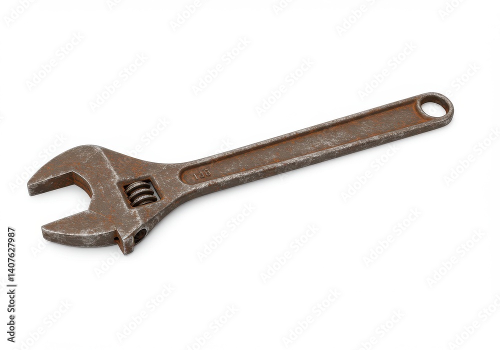 Isolated image of a rusty adjustable wrench with a hole on a plain white background surface Isolated image of a rusty adjustable wrench with a hole on a plain white background surface