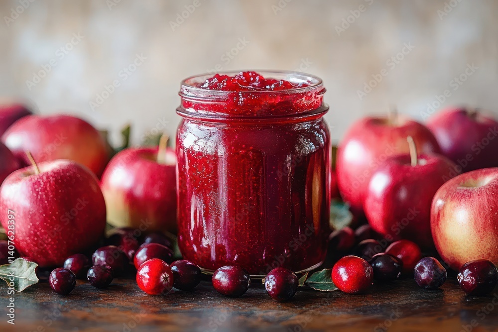 Cranberry Apple Jam Preserves with Fresh Apples and Berries in a Rustic Glass Jar Cranberry Apple Jam Preserves with Fresh Apples and Berries in a Rustic Glass Jar