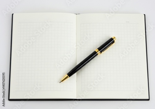 Wallpaper Mural A black and gold pen resting on an open notebook with blank pages viewed from above on white surface Torontodigital.ca