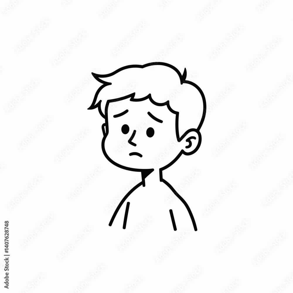 A cartoon illustration of a young boy with a sad expression on a plain white background. A cartoon illustration of a young boy with a sad expression on a plain white background.