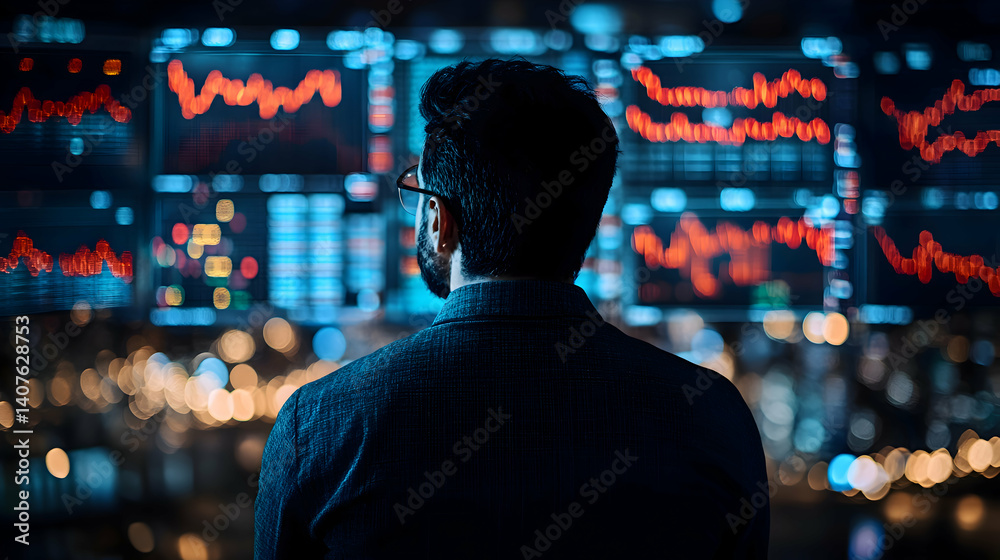 Person observing the stock market from multiple screens showing financial data, with copy space Person observing the stock market from multiple screens showing financial data, with copy space