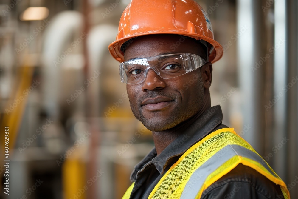 A smiling worker with an orange hardhat, safety glasses, and vest at construction site. Use to show safety, construction, labor, or skilled worker job opportunities. A smiling worker with an orange hardhat, safety glasses, and vest at construction site. Use to show safety, construction, labor, or skilled worker job opportunities.