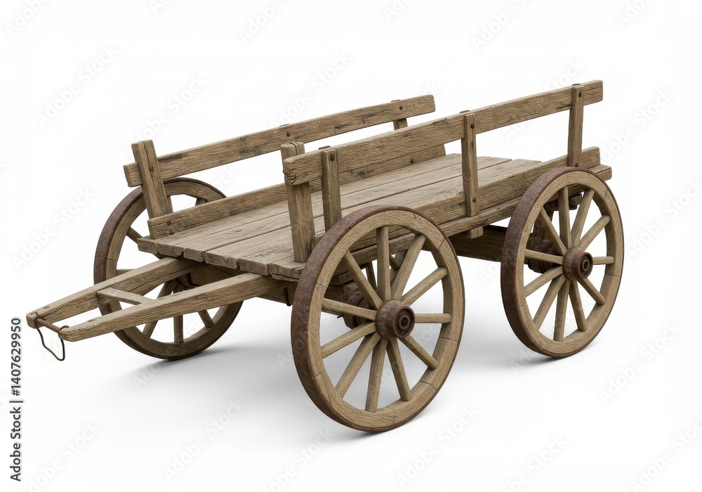 Fototapeta premium A rustic wooden cart with four spoked wheels isolated on a white background in a studio shot