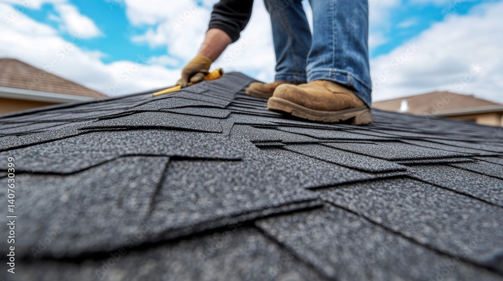 Roofer inspecting the roof for leaks. Featuring attention to detail and safety Roofer inspecting the roof for leaks. Featuring attention to detail and safety