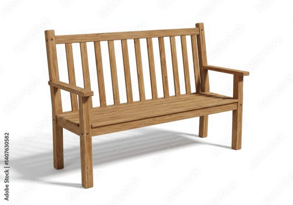 A wooden bench with a backrest and armrests sitting on a white surface in a studio setting A wooden bench with a backrest and armrests sitting on a white surface in a studio setting