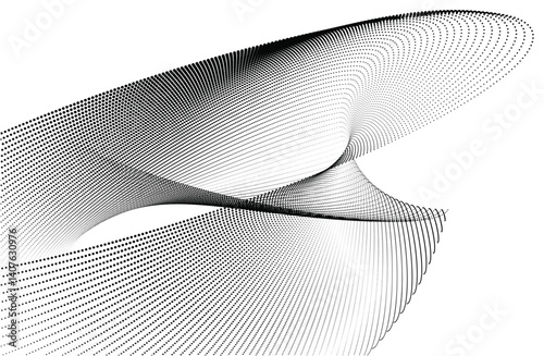 Dynamic particle waves in a halftone gradient form a flowing dot curve against a white backdrop, embodying technology, sound, music, and modern aesthetics.