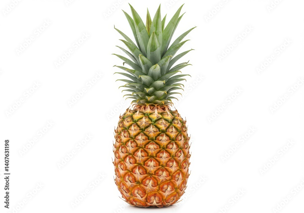 A single pineapple with green leaves on top standing upright isolated on a white background in studio shot A single pineapple with green leaves on top standing upright isolated on a white background in studio shot