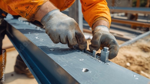 Construction worker securing beams with bolts. Featuring strength and accuracy