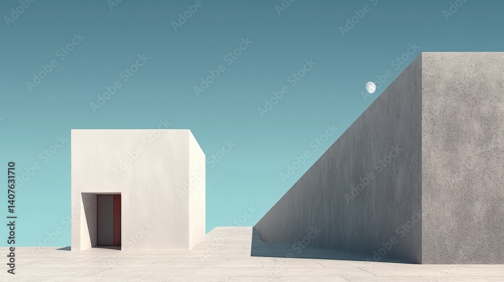 A minimalist architectural scene featuring geometric shapes, a white cube, a textured wall, and a clear blue sky with a small moon, Modern Minimalist Architecture. A minimalist architectural scene featuring geometric shapes, a white cube, a textured wall, and a clear blue sky with a small moon, Modern Minimalist Architecture.