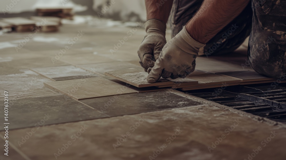 Construction worker securing floor tiles in place. Featuring focus and detail Construction worker securing floor tiles in place. Featuring focus and detail