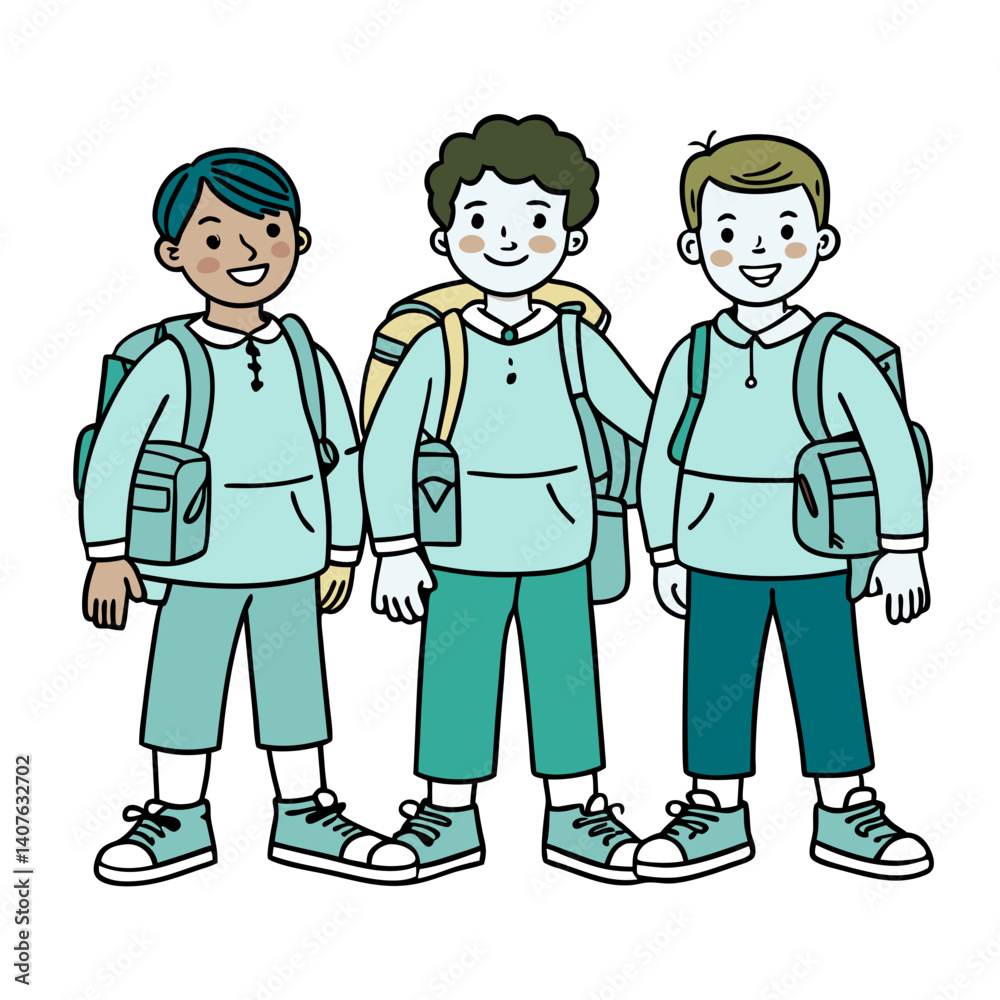 Fototapeta premium Three school boys in casual outfits with backpacks illustration for educational blogs, back-to-school content, stationery design, or awareness campaigns