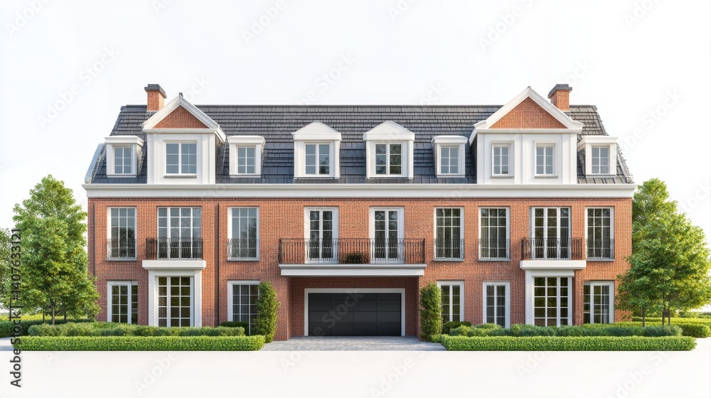 Fototapeta premium Modern Brick House with Classic Touches and Green Landscape Surroundings