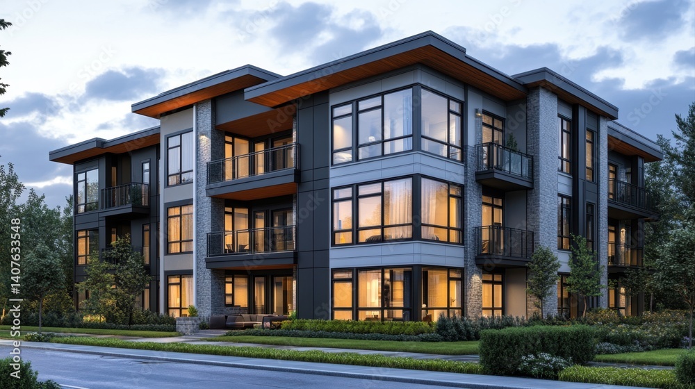 Modern apartment building exterior with large windows and balconies surrounded by lush greenery at dusk Modern apartment building exterior with large windows and balconies surrounded by lush greenery at dusk