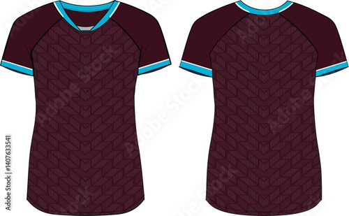 Women Sports Jersey t-shirt design Flat sketch Illustration, Geometric pattern V Neck t shirt for girls and Ladies Volleyball jersey, Football, badminton, Soccer and netball, Sport uniform kit