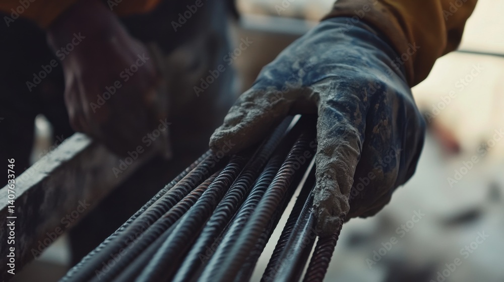 Construction worker securing metal rods for rebar. Featuring attention to detail and strength Construction worker securing metal rods for rebar. Featuring attention to detail and strength