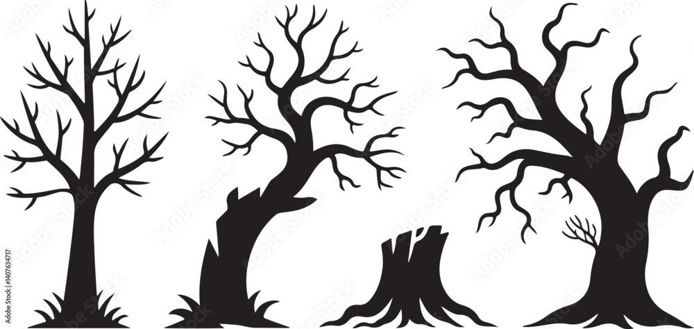 Fototapeta premium Creepy Dead Tree Silhouette Set Spooky Leafless Tree Vector for Halloween, Horror Themes, Haunted Forests, Graveyards, and Dark Nature Designs