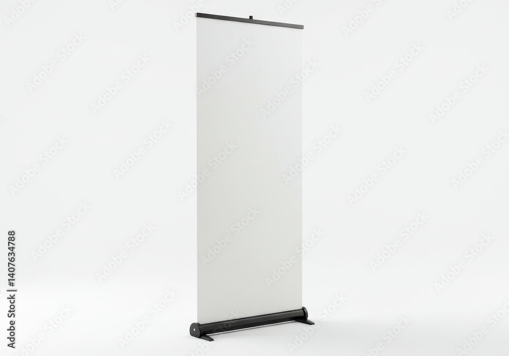 A blank white retractable banner stand displayed against a plain white studio background for mockups A blank white retractable banner stand displayed against a plain white studio background for mockups