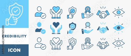CREDIBILITY icon set with various styles and colors integrity, trust, reliable, authentic, commitment, regard, and reputation	