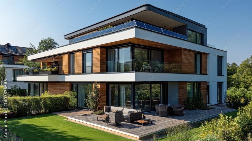 Modern Architectural Design of Sleek Demure House with Large Windows and Expansive Outdoor Deck in Daylight Modern Architectural Design of Sleek Demure House with Large Windows and Expansive Outdoor Deck in Daylight