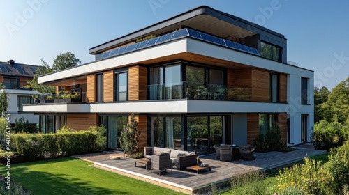 Modern Architectural Design of Sleek Demure House with Large Windows and Expansive Outdoor Deck in Daylight