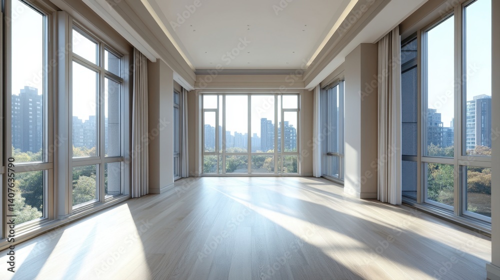 Fototapeta premium Bright and Spacious Modern Interior with Large Windows and City View in Contemporary Architectural Design