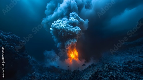 Underwater Volcano – An active underwater volcano releasing clouds of smoke and ash, with glowing molten rock illuminating the surrounding water, while marine life cautiously swims nearby – intense an