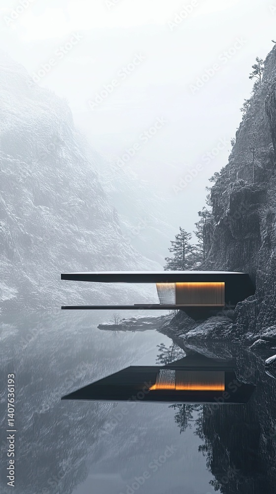Fototapeta premium Modern minimalist house serene mountain lake