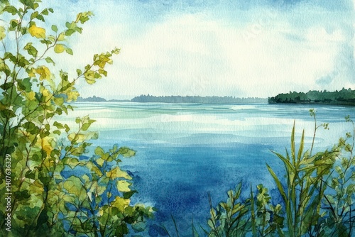 watercolor serene lakeside scene with green foliage tranquil blue lake horizon