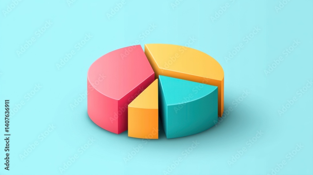 Obraz premium Colorful pie chart with three segments displaying data analysis on a light blue background