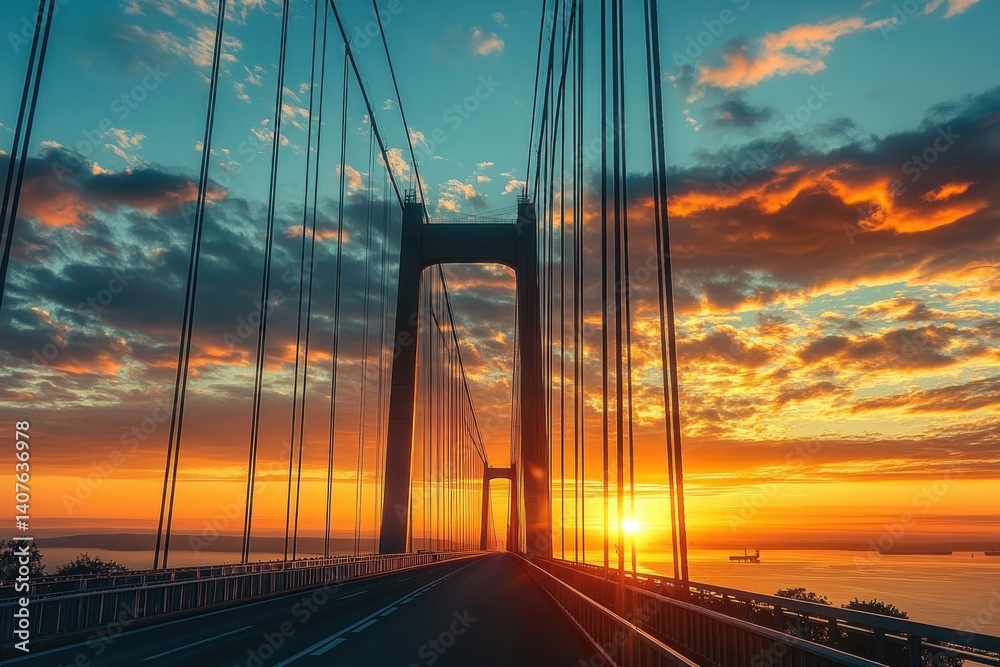 Obraz premium Suspension Bridge Sunrise View, Sweden Denmark
