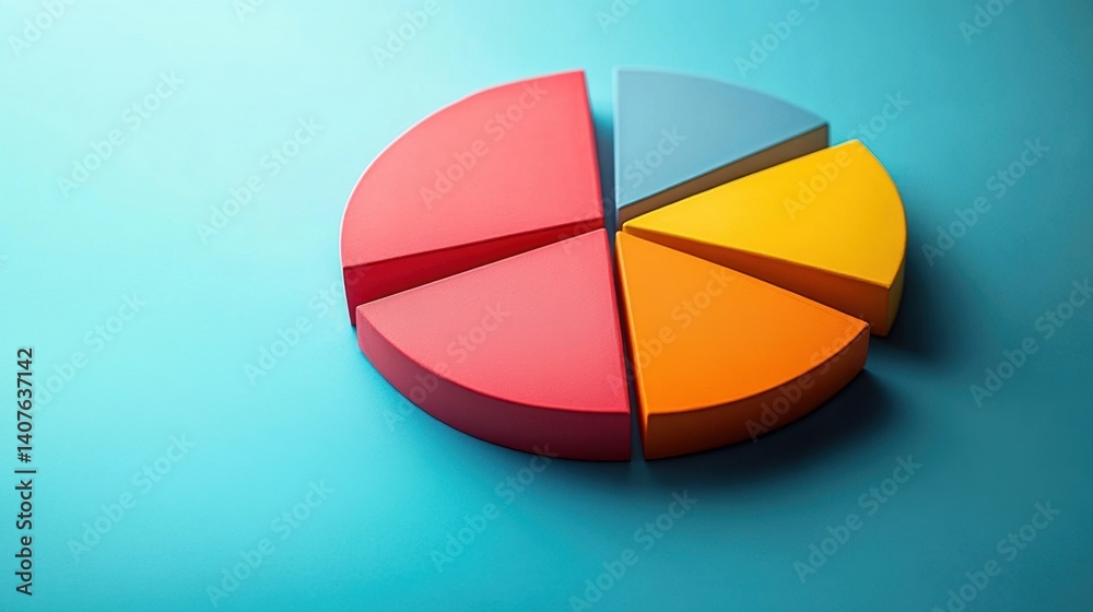 Fototapeta premium Colorful Pie Chart and Segments on a Bright Blue Surface for Business and Educational Presentations