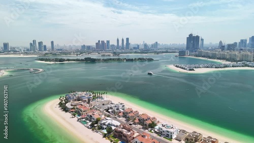 Dubai, UAE: Aerial view of capital city of Emirate of Dubai, artificial islands beach district of Palm Jumeirah - landscape panorama of Arabian Peninsula from above
