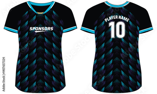 Women Sports Jersey t-shirt design Flat sketch Illustration, Geometric pattern V Neck t shirt for girls and Ladies Volleyball jersey, Football, badminton, Soccer and netball, Sport uniform kit