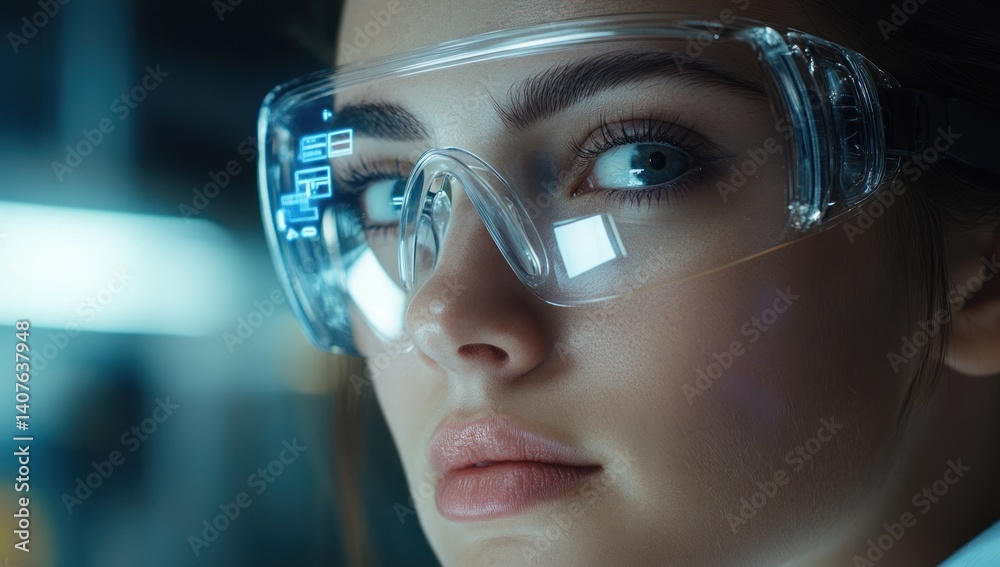 Woman wearing futuristic glasses with digital display in a laboratory setting. Woman wearing futuristic glasses with digital display in a laboratory setting.