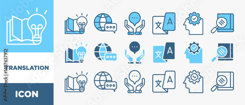 TRANSLATION icon set with various styles and colors dictionary, interpretation, translator, communication, language, and knowledge	