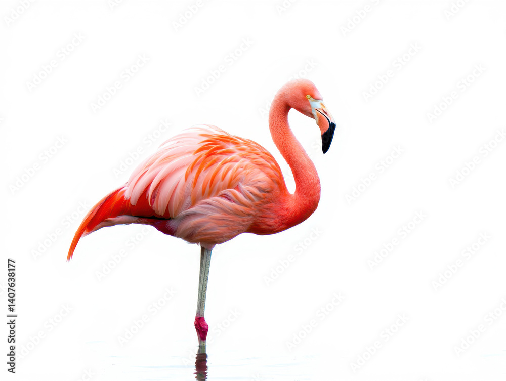 Fototapeta premium Single Pink Flamingo Reflecting in Water, Studio Shot