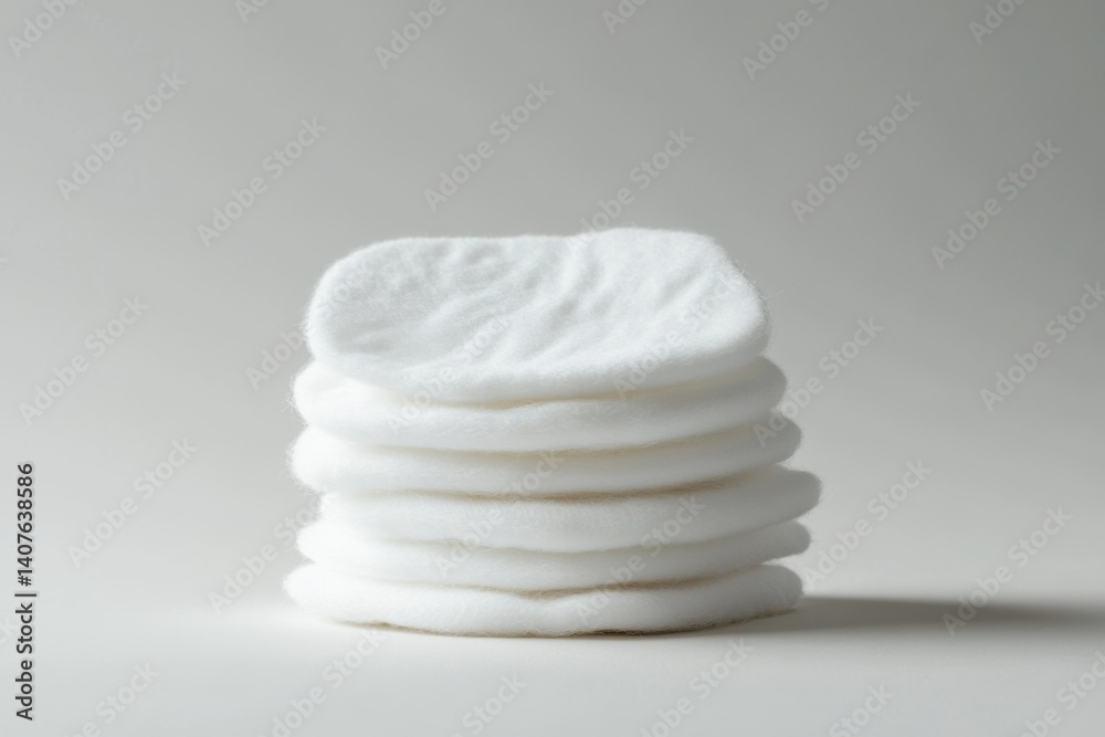 Stack of white cotton pads on a plain white background, medical supplies, hygiene concept Stack of white cotton pads on a plain white background, medical supplies, hygiene concept