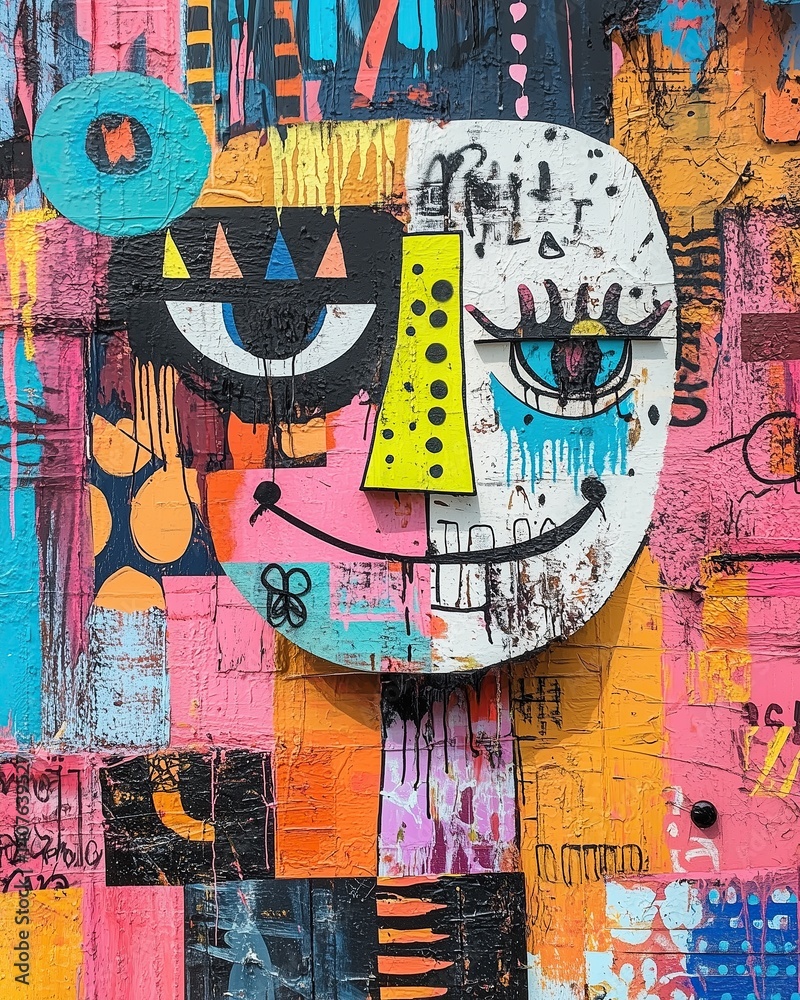 Obraz premium Abstract face street art on colorful wall, abstract face street art expression with bold colors, creative abstract face street art mural for modern design