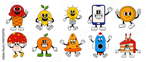 A collection of stylized cartoon characters reminiscent of vintage animation. A vibrant assortment of foods, objects, each with unique expressions.