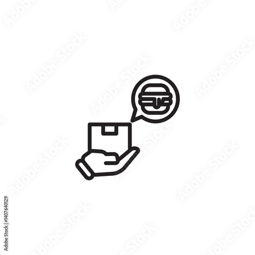 Hand holding a box with a burger in a speech bubble above it. Suggests burger delivery, receiving a burger order, or thinking about a burger.