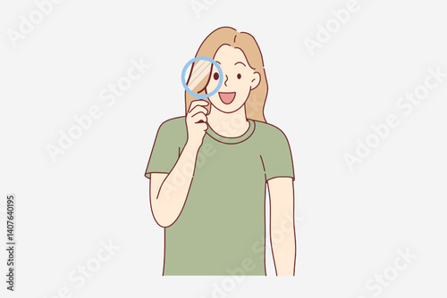 Happy Woman Looking Through Magnifying Glass Cartoon Illustration