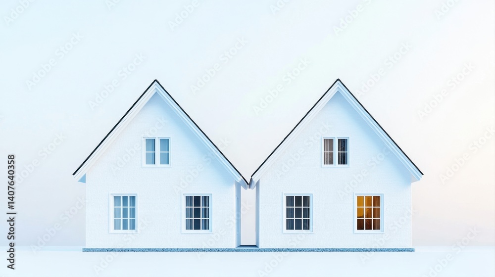 Modern minimalist houses with white exterior and contrasting square windows under soft pastel sky at sunset Modern minimalist houses with white exterior and contrasting square windows under soft pastel sky at sunset