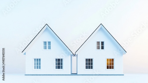 Modern minimalist houses with white exterior and contrasting square windows under soft pastel sky at sunset