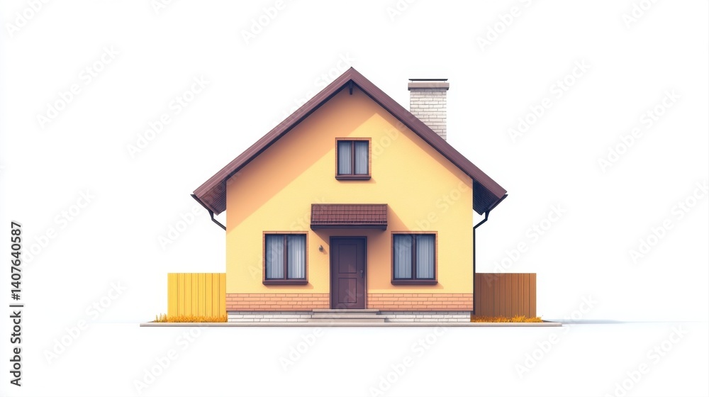 Modern minimalistic house design with yellow exterior and brown roof on white background for architectural projects Modern minimalistic house design with yellow exterior and brown roof on white background for architectural projects