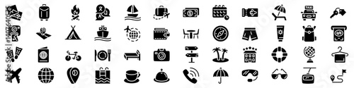Travel and vacation icon set. Silhouette style.